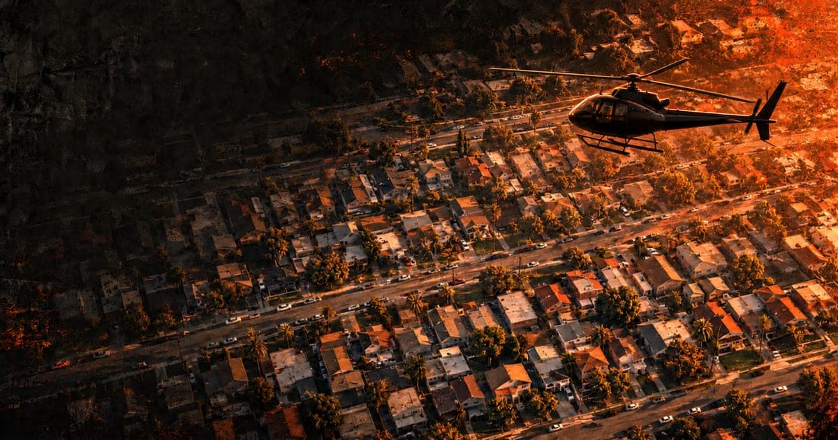 Illustration of an AStar-style helicopter above neighborhood homes in warm evening light.
