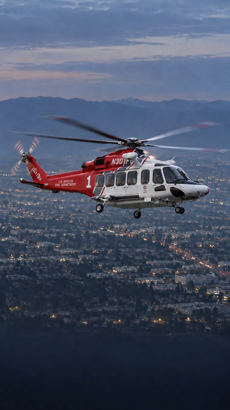 Illustration of Fire 1, the Los Angeles Fire Department's red and white Leonardo AW139, registration N301FD, over Los Angeles at dusk.