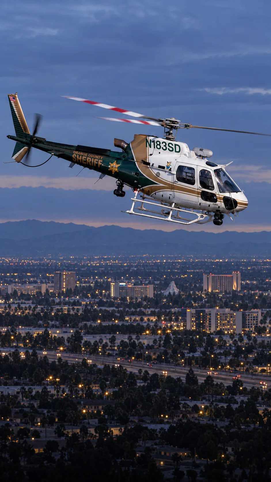 Illustration of N183SD, an Airbus AS350 of the Orange County Sheriff — over Anaheim, Orange County.