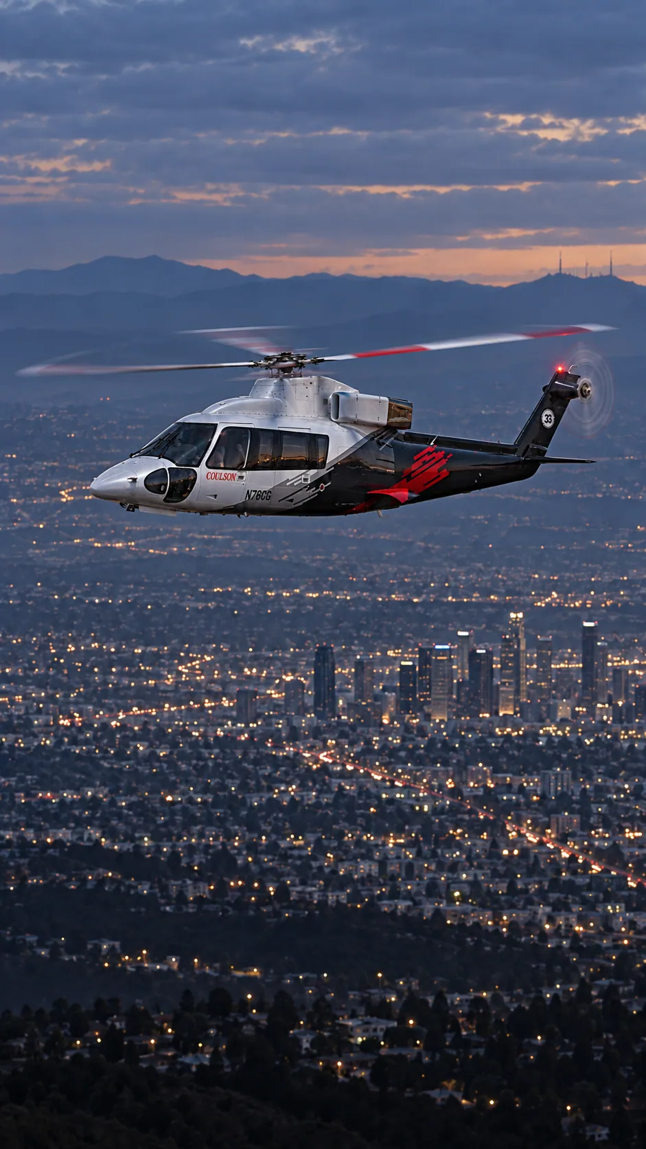 Illustration of N76CG, Coulson's silver and black Sikorsky S-76B, over Los Angeles at dusk.
