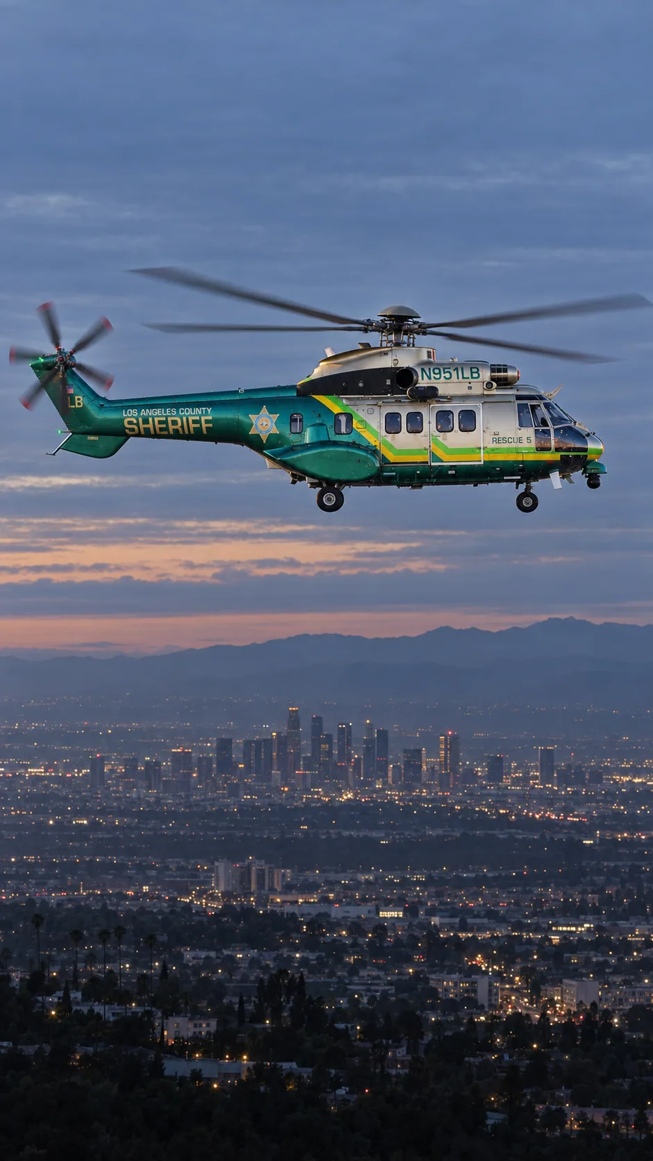Illustration of Air Rescue 5 (N951LB), an Aerospatiale AS332L1 Super Puma, over the Los Angeles basin at dusk.