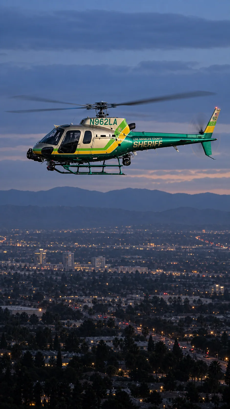 Illustration of N962LA, an Airbus AS350 B2 of Sheriff Air Support — metallic champagne/gold cabin, emerald green tail and belly, lime green and yellow diagonal bands — over the Los Angeles basin at dusk.