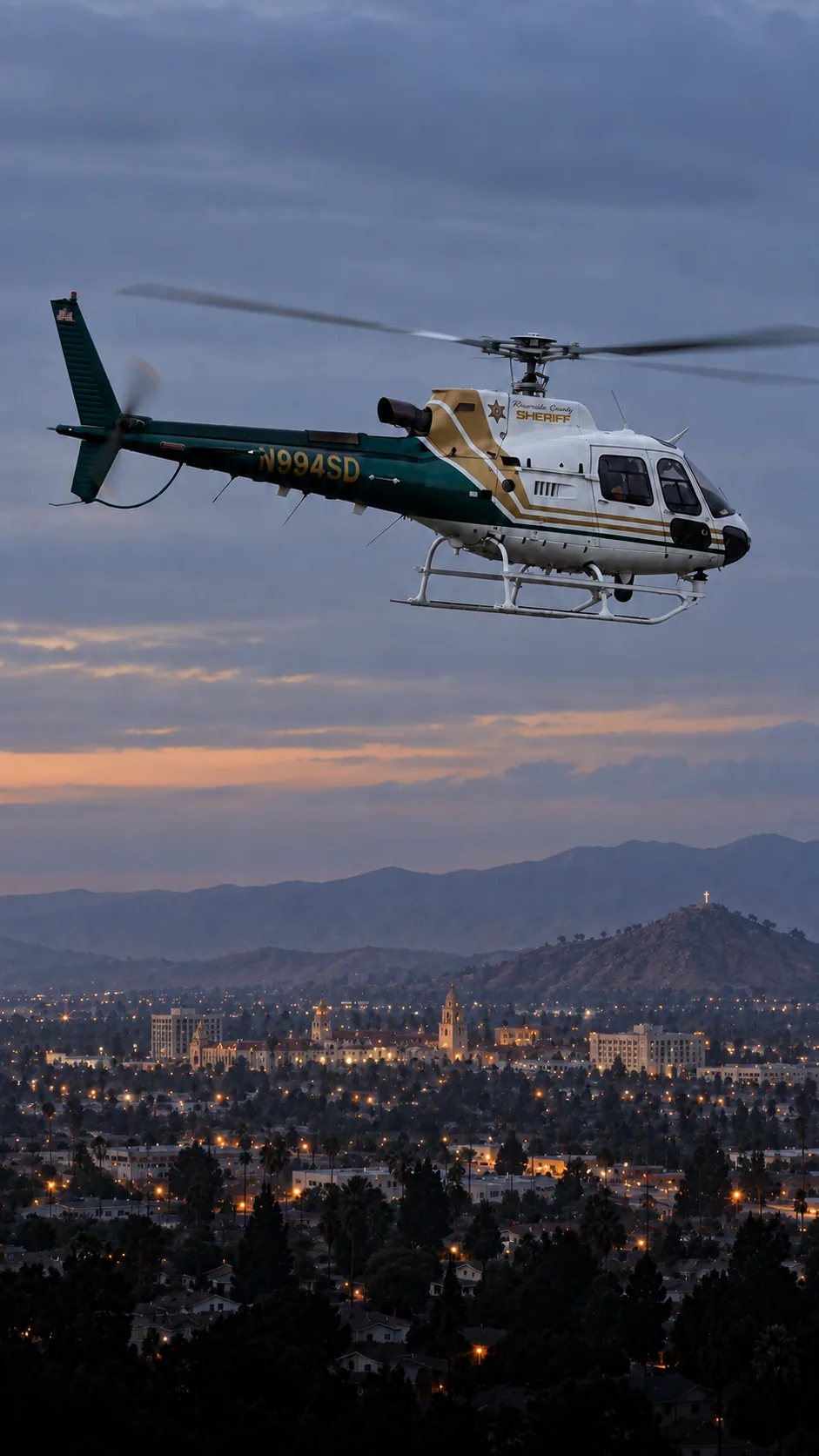 Illustration of N994SD, an Airbus AS350 B3 of the Riverside County Sheriff — riverside County Sheriff — over Riverside, Riverside County.