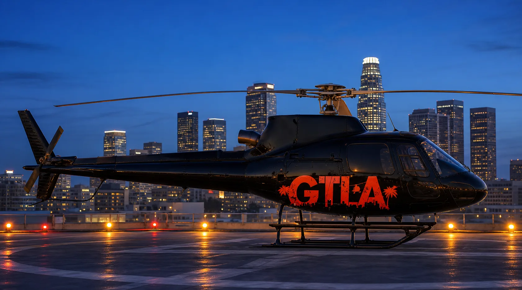 Illustration: a GTLA-liveried helicopter on a Los Angeles rooftop at blue hour