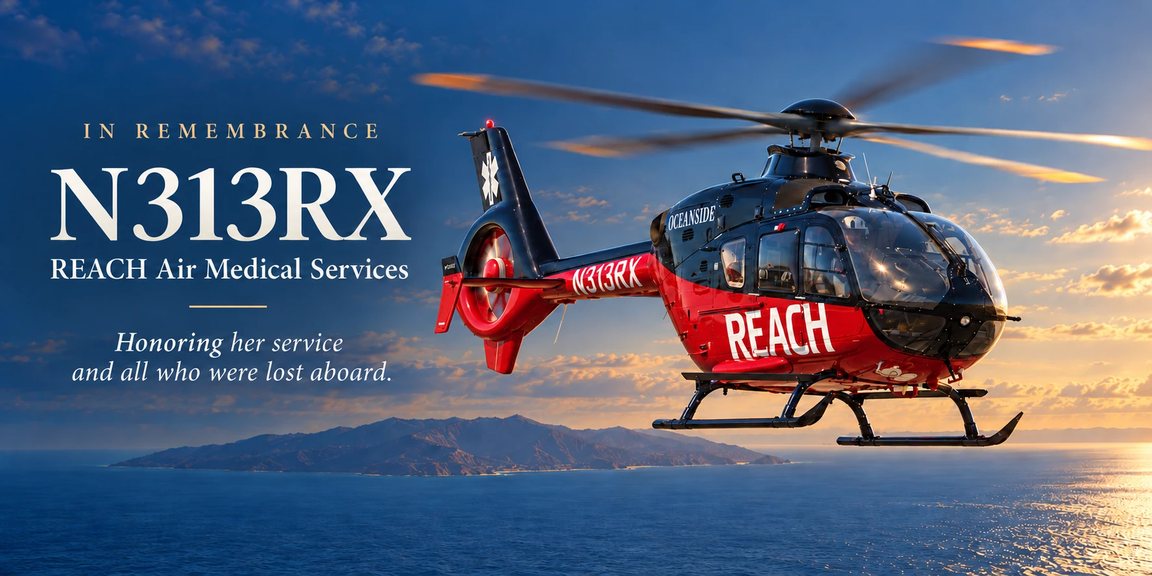Illustration: a red and black REACH air ambulance helicopter, registration N313RX, flies over the ocean at sunset with Catalina Island behind it. The text reads: In remembrance. N313RX. REACH Air Medical Services. Honoring her service and all who were lost aboard.