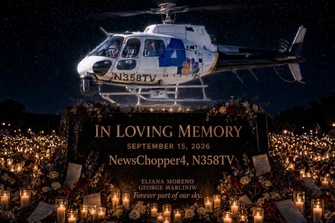 Illustration: NewsChopper 4 hovers at night over a memorial stone ringed with candles and flowers. The stone reads: In loving memory. September 15, 2026. NewsChopper4, N358TV. Eliana Moreno. George Marciniw. Forever part of our sky.